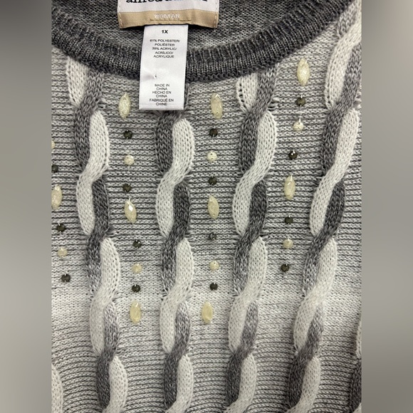 NWOT ALFRED DUNNER LIGHT DARK GRAY VINTAGE 1990s CROCHET CABLE KNITTED BEADED 1x - Picture 4 of 6
